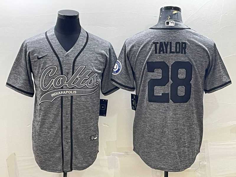 Men%27s Indianapolis Colts #28 Jonathan Taylor Grey Gridiron With Patch Cool Base Stitched Baseball Jersey